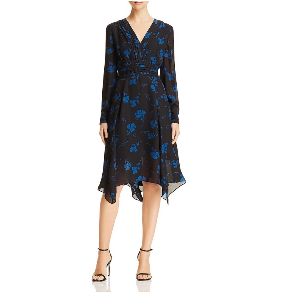 PARKER  Evanna Floral Print Long Sleeve Asymmetrical Silk Blend Midi Dress